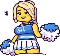 blonde_hair blue_clothing blue_uniform boobs cheerleader cheerleader_outfit female female_focus female_only lego lego_anatomy lego_minifigures paripariarts pom_poms solo solo_female tagme thighs yellow_skin