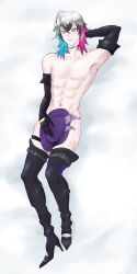 1boy body_pillow_design boots covering_crotch dakimakura dakimakura_design gavis_bettel gloves gloves_and_boots_only heterochromia holostars holostars_english holostars_english_-tempus- male male_only naked nipples no_visible_genitalia nude_male pale_skin petite skinny two_tone_ears virtual_youtuber