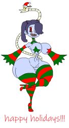 1girls breasts christmas covered_nipples female female_only full_body hair_over_one_eye happy_holidays high_heels keelgabeytheart looking_at_viewer pasties skullgirls smile solo solo_female squigly star_pasties stockings thighhighs