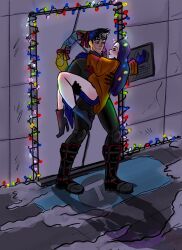 1boy 1girls batman_(series) carrying_partner christmas christmas_lights dc dc_comics female jason_todd light_skin male male/female pale-skinned_female pale_skin princess_carry raven_(dc) red_hood_(dc) straight teen_titans