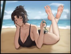 ana_xenakis artist_request barefoot beach black_eyes black_hair breasts cleavage feet female foot_fetish glasses grief_(series) highres large_breasts light_blush long_hair looking_at_viewer lying on_stomach one-piece_swimsuit pazixia smile soles solo swimsuit the_pose toes