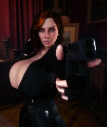 1girls 3d 3d_(artwork) alternate_breast_size belt black_bodysuit black_widow_(marvel) bodysuit breasts_bigger_than_head breasts_bigger_than_torso cleavage female female_only female_solo fingerless_gloves gigantic_breasts gloves green_eyes gun holding_gun holding_object holding_weapon hourglass_figure huge_breasts human human_female human_only marvel marvel_cinematic_universe natasha_romanoff open_bodysuit open_clothes pistol red_hair small_waist solo thin_waist top_heavy vaako wasp_waist weapon wide_hips