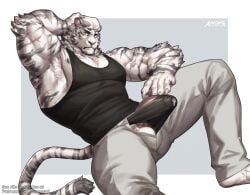 amon-sydonai anthro arknights armpit_hair balls bara barazoku big_muscles bodily_fluids body_hair bottomwear bulge clothed clothing erection felid fur genital_fluids genitals hair hand_behind_head hi_res hypergryph looking_at_viewer male male_only mammal mountain_(arknights) muscular open_bottomwear open_clothing open_pants pantherine pants pecs penis precum precum_through_clothing shirt solo striped_body striped_fur stripes studio_montagne tank_top tenting tiger topwear underwear wet wet_clothing white_body white_fur white_hair