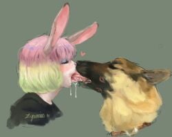 1girls ambiguous_gender bestiality bunny_ears canid_on_humanoid canine canine_on_humanoid collar dyed_hair eye_shadow eyes_closed female female_on_feral french_kiss french_kissing german_shepherd hearts kissing male male/female male_canine rabbit saliva_string simple_background zoophilia zyumin