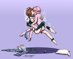 2girls barefoot breasts duo feet female floating floating_sex geknebelt kissing mina_ashido multiple_girls my_hero_academia nipples nude ochako_uraraka torn_clothes yuri