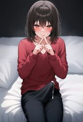 1boy after_handjob ai_generated bed black_pants blanket blush brown_eyes brown_hair cum cum_in_pants cum_through_clothes cum_through_clothing cumdrip dark embarrassed long_sleeves medium_hair messy_hair muscular_chest pajamas pillow red_shirt sweat