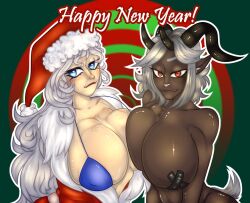 2girls bandage big_breasts big_nipples bikini black_nipples blue_eyes dark_skin freckles grey_hair happy_new_year huktol hybrid krampus long_hair merry_christmas multiple_girls nipples red_eyes rule_63 santa_claus santa_costume white_hair white_nipples