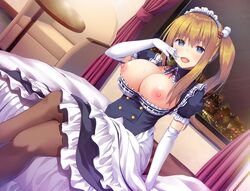 asa_no_ha bed blue_eyes blush breasts breasts_out brown_hair brown_legwear copyright_request couch crossed_legs curtains dress dutch_angle elbow_gloves female gloves hair_ornament highres large_breasts long_hair looking_at_viewer maid maid_delivery_service maid_headdress nipples open_mouth puffy_short_sleeves puffy_sleeves sakaki_yumi short_sleeves side_ponytail sidelocks sitting smile solo table white_gloves window