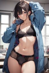 ai_generated black_underwear blue_eyes bra brown_hair bulge bulge_through_clothing coat futanari futanari hand_in_hair indoors lingerie looking_at_viewer navel original original_character partially_clothed pixai ribs seductive small_breasts solo swaying_hips underwear