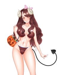 1girls alternate_version_available basket belly_button bikini bikini_bottom bikini_top blush breasts brown_hair candy candy_cane chibi_(chibipower) chibipower chocolate collarbone condom condom_wrapper demon_horns heart_tattoo horn jack-o'-lantern long_hair looking_at_viewer pink_ribbon red_eyes smile solo_female stomach striped_bikini succubus succubus_tail tail virtual_youtuber vtuber