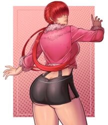 1girls 2021 absurd_res ass ass_cleavage erodrunky hair_between_eyes hi_res jacket king_of_fighters lesseinsanimer looking_back looking_back_at_viewer miniskirt rear_view red_hair shermie_(kof) solo