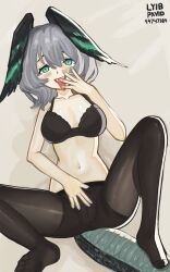 aqua_eyes aqua_nails aqua_wings arknights black_bra black_pantyhose bra breasts fangs female grey_hair hair_between_eyes head_wings highres ho'olheyak_(arknights) large_breasts long_tail looking_at_viewer lyib navel non-web_source open_mouth pantyhose pussy snake_tail solo tail tongue tongue_out two-tone_wings underwear wings