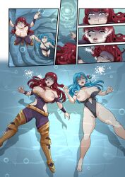 2girls asphyxiation bad_end big_breasts black_one-piece_swimsuit black_swimsuit blue_hair breasts breasts_out bubble bubbles chloe_(fire_emblem) cleavage clothing_damage corpse death drowned drowning feet female female_only fire_emblem fire_emblem_engage large_breasts legs multiple_girls nintendo nipples omitv one-piece_swimsuit red_eyes red_hair stars swimming swimsuit underwater yunaka_(fire_emblem)