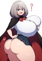 ai_generated big_breasts blue_eyes cape fat_ass fat_breasts huge_ass huge_breasts panties skirt_lift tejina_senpai tejina_senpai_(character) white_background white_hair