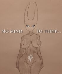 @_@ black_eyes black_skin breasts ghostec greyscale hollow_knight hornet_(hollow_knight) hypnosis mind_control navel nude pubic_tattoo pussy spiral_eyes tattoo text traditional_art wide_hips