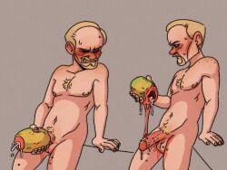 big_penis blonde_hair blush chest_hair cum cumming disney facial_hair food food_penetration food_play fruit fucking_a_fruit horst(ratatouille) improvised_sex_toy male_only messy nude_male orgasm pixar pubic_hair ratatouille simple_background sweat