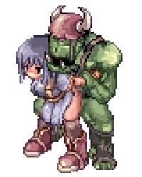 1boy 1girls animated archer archer_(ragnarok_online) arm_grab artist_request blue_hair clothed_female female gray_hair orc pixel_art ragnarok_online rape restrained standing_doggystyle transparent_background vaginal_penetration