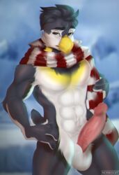 abs anori anthro avian balls beak bird black_fur erection eyebrows feathers fur grey_eyes hair half-closed_eyes hand_on_hip looking_at_viewer looking_away male male_only mostly_nude multicolored_fur navel nonksoit penguin penis pink_penis pubes scarf short_hair solo standing tail_feathers thick_eyebrows vein veiny_penis watermark white_fur yellow_beak yellow_fur