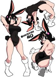 1girls absurd_res arch_pose arch_position arms_behind_head ass black_eyes black_hair bongfillstudent boots bunny_ears bunny_girl bunny_industry_(bongfillstudent) english_text female female_only flexible gloves leotard looking_at_viewer looking_back looking_back_at_viewer play_bun_(bongfillstudent) solo text tongue_out white_background white_boots white_gloves