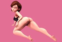 3d_(artwork) ass barefoot brown_hair curvy curvy_female hair_behind_ear helen_parr marianart milf naughty_face porongoneitor shiny_skin short_hair simple_background swimsuit the_incredibles