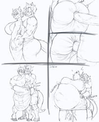 anthro ass balls barefoot big_balls big_butt big_penis bodily_fluids bottomwear canid canine canis claws clothed clothing comic cum cum_inside cumflation dress duo feet female fully_clothed genital_fluids genitals hi_res inflation jen_(jindragowolf) jin_(jindragowolf) jindragowolf line_art male male/female mammal nipples_visible_through_clothing penis shirt shorts stomach_bulge toe_claws topwear wolf