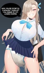 1girl 1girls asuna_(blue_archive) big_breasts blue_archive blue_eyes breasts cleavage clothed clothing dialogue diaper diapered_dom female hair_over_one_eye huge_breasts messy_diaper milkriot millennium_science_school_student scat skirt smile smug soiling solo solo_female source_request speech_bubble teasing text thighs