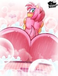 amy_rose anthro anus ass back_boob big_butt blush breasts bubble butt_focus eyelashes female green_eyes hairband hedgehog huge_butt looking_back mammal phanto-katt rear_view shower sitting smile solo sonic_(series) steam tile_wall wet