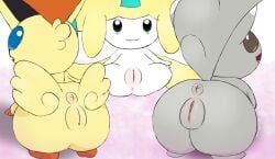 3girls anus ass female female_only furry highguard jirachi looking_at_viewer minccino pokémon_(species) pokemon pokemon_(species) presenting_pussy pussy pussy_juice semi-anthro tagme victini