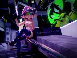 3d 3d_(artwork) blender blender_(software) callie_(splatoon) city female gun hypno_shades_(splatoon) hypnotic_visor inkling kyumuferreto nes_zapper night nintendo octarian_tattoo octo_callie pistol public_nudity solo splatoon splatoon_2 sunglasses tattoo tech_control tinted_eyewear