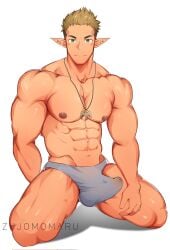 abs bara bulge chest elf elf_ears elf_male erect_penis erection erection_under_clothes kraft_(sousou_no_frieren) looking_at_viewer male male_focus male_only muscular muscular_male muscular_thighs pecs pectorals solo solo_focus solo_male sousou_no_frieren zujomomaru