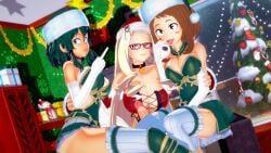 1futa 2girls 3d adult_swim bell_collar big_breasts blue_eyes brown_eyes brown_hair choker christmas christmas_decorations christmas_hat christmas_lights christmas_outfit christmas_present christmas_tree detailed_background earrings eight69 female female_deku futanari green_eyes green_hair huge_cock izuku_midoriya long_gloves looking_at_viewer middle_finger mount_lady my_hero_academia ochako_uraraka red_glasses rule_63 self_upload snowman tongue_out toonami white_gloves white_hair white_legwear yuu_takeyama