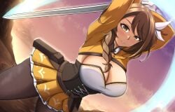 1girls attack beauty_mark braid braided_ponytail breasts brown_eyes brown_hair cleavage female female_only fire_emblem fire_emblem_engage goldmary_(fire_emblem) hair_over_shoulder large_breasts long_hair looking_at_viewer mole mole_on_breast nintendo outdoors pantyhose scrapy side_ponytail skirt smile solo swing sword weapon