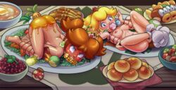 2girls anal_insertion anal_object_insertion areolae ass ass_up barefoot blonde_hair blue_eyes blush bondage breasts brown_hair carrot cheep_cheep corn crown daikon double_penetration female female_only femsub food food_play hair long_hair mario_(series) multiple_females multiple_girls nintendo nipples nude princess princess_daisy princess_peach radish shaxbert super_mario_bros. thanksgiving vaginal_insertion vegetable