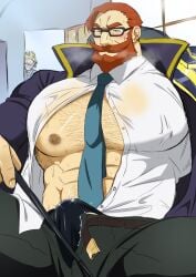 abs bara battle_academia_ezreal battle_academia_series battle_professor_graves big_chest big_pecs bulge chest ducka-98 erect_penis erection erection_under_clothes ezreal gay hairy hairy_chest hairy_male large_pectorals league_of_legends malcolm_graves muscular muscular_male open_clothes open_pants pecs pectorals precum professor teacher underwear visible_underwear yaoi