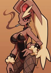 angry anthro breasts bunny_ears bunny_girl bunnysuit cigarette fishnets furry lopunny notyoursagittarius playboy_bunny pokémon_(species) pokemon pokemon_(species) pokemon_only smoking solo solo_female solo_focus