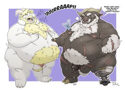 ahab_(tokyo_afterschool_summoners) asgore_dreemurr belly blush body_hair burping caprine duly_noted erection goat hairy horn male male_only mammal obese overweight penis precum scar text tokyo_afterschool_summoners undertale video_games water_buffalo yaoi