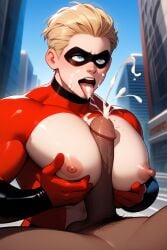 abs aged_up ai_generated big_pecs cum cum_on_face cum_on_tongue dash_parr erect_nipples gay male male_focus male_only man_boobs moobs muscular pecjob pecs penis_between_pecs pixar the_incredibles tom_ai yaoi