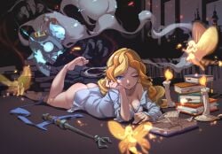 10s absurdres ass barefoot blonde_hair blue_eyes book bottomless breasts butt_crack candle cleavage collared_shirt diana_cavendish fairy feet female flexible_toes full_body half-closed_eyes head_rest highres indoors leg_up library little_witch_academia long_hair long_sleeves looking_at_viewer lying naked_shirt no_panties on_stomach one_eye_closed open_mouth shirt skull solo splish staff the_pose toe_scrunch toes wand