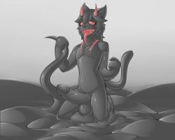 anthro azzybunn balls big_balls big_penis black_slime corruption felid feline genitals goo_covered goo_creature goo_transformation half-closed_eyes hi_res horn huge_cock hyper hyper_genitalia hyper_penis kneeling looking_at_viewer looking_pleasured male male_only mammal narrowed_eyes penis red_eyes slime solo tail teeth tentacle tongue tongue_out transformation