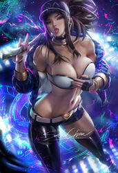 1girls akali alternate_costume breasts cleavage female female_only hand_on_breast k/da_akali k/da_series league_of_legends lipstick looking_at_viewer medium_breasts open_mouth pinup sakimichan solo strapless strapless_top strapless_topwear tongue tongue_out tubetop