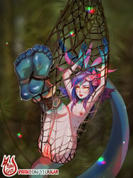 1girls artist_name barefoot bdsm blush bondage bound breasts clitoris feet female female_only flower foot_focus hair_flower hair_ornament league_of_legends lipstick lizard_girl lizard_tail makeup mascara multicolored multicolored_hair multicolored_skin neeko net nipples nude pussy riot_games short_hair slit_pupils soles solo suspended tail toes trapped yellow_eyes yeougui