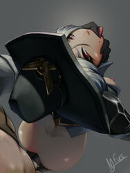 1boy 1girls 2d ashe_(overwatch) ass beauty_mark blizzard_entertainment breasts clothes cowboy_hat dimples_of_venus female female_focus finger_in_mouth from_behind gloves grabbing hat looking_at_viewer male mfus mole mole_above_mouth nipples overwatch penis pussy_juice red_eyes sex shiny_skin signature simple_background white_hair