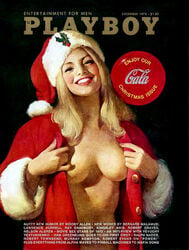 1970s 1972 20th_century 70s ads advertisement blonde_hair christmas christmas_hat christmas_sweater coca-cola grin looking_at_viewer no_bra painting_(artwork) playboy red_lips small_breasts smile standing topless traditional_art traditional_media traditional_media_(artwork) vintage