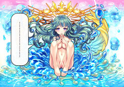 ... anus aqua_hair bangs barefoot blush breasts bubble closed_mouth collarbone eyebrows_visible_through_hair feathered_wings female female full_body halo hands_together hands_up jpeg_artifacts knees_up long_hair looking_at_viewer medium_breasts monster_strike navel nude purple_eyes pussy raphael_(monster_strike) shiny shiny_hair shiny_skin sitting solo speech_bubble uncensored v-mag water wings