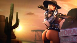 1girls 1kmspaint 3d ashe_(overwatch) ass big_ass blizzard_entertainment cowboy_hat female female_only looking_at_viewer looking_back overwatch red_eyes solo source_filmmaker white_hair