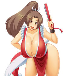 1girls 2018 5_fingers big_breasts breasts brown_eyes brown_hair cleavage clothed clothing dress erect_nipples erect_nipples_under_clothes eyebrows eyebrows_visible_through_hair eyelashes fan fatal_fury female female_only full_cleavage hanging_breasts happy huge_breasts human human_only index_finger_raised kawanuma_uotsuri king_of_fighters long_hair long_loincloth looking_at_viewer mai_shiranui nipple_bulge no_bra no_panties open_mouth open_smile paizuri_invitation ponytail presenting_breasts puffy_nipples red_dress revealing_clothes smile solo thick thick_thighs tied_hair video_games wide_hips