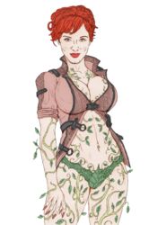 1girls armando_huerta batman_(series) blue_eyes celebrity christina_hendricks cleavage color colored dc dc_comics female female_only jacket large_breasts panties poison_ivy red_hair solo traced