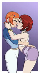 2girls ass ben_10 big_ass bike_shorts blue_earrings blue_eyes blue_hairclip brown_hair crossover disney earrings eastern_and_western_character eye_contact female female_only french_kiss grabbing green_eyes gwen_tennyson hairclip huge_ass kairi kingdom_hearts kissing leggings legs legwear lesbian orange_hair red_hair rolrae saliva saliva_string short_hair side_view square_enix standing thick_thighs tongue tongue_out young yuri