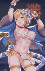 :d armpits arms_up bangs blonde_hair blush breasts cai_geng commentary_request cowboy_shot djeeta_(granblue_fantasy) drum_master_(granblue_fantasy) drumsticks eyebrows_visible_through_hair female fireworks fundoshi granblue_fantasy hachimaki happi headband highres japanese_clothes jewelry legs_apart loincloth looking_at_viewer medium_breasts navel necklace nejiri_hachimaki night nipples open_mouth pelvic_curtain sarashi short_hair smile solo sparkle standing star sweat undone_sarashi wardrobe_malfunction yamakasa yellow_eyes