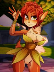 activision anthro big_breasts breasts brown_fur brown_hair cervine cleavage clothing dress elora faun female female_focus female_only green_eyes hair leaf leaf_dress looking_at_viewer nipple_peek nipples pocki07 pointy_ears pussy red_hair satyr solo spyro_reignited_trilogy spyro_the_dragon tail video_games